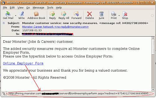 Skenet bedrar - detta phishing-mejl har inget med det riktiga Monster.com att göra.