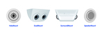 MOBOTIX S14/S15 (fr vä): HaloMount, DualMount, SurroundMount och SpeakerMount.