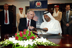 Right - his highness Sheikh Ahmed bin Saeed AL-Maktoum, chairman and chief executive, Emirates Airline & Group pictured with Leo Quinn, chief executive, De La Rue at recent MoU contract signing.