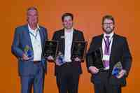 The first prize winners at the Detektor International Award 2014 prize ceremony. Ivo Drent, from Arecont Vision, for Best CCTV Product. Ola Jönsson, Axis Communication, for the Best best Access Control Product and  Martin Norris from Xtralis received the trophy for Best Alarm and Detection product. 