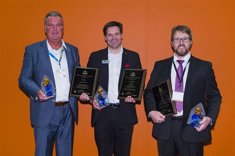 The first prize winners at the Detektor International Award 2014 prize ceremony. Ivo Drent, from Arecont Vision, for Best CCTV Product. Ola Jönsson, Axis Communication, for the Best best Access Control Product and  Martin Norris from Xtralis received the trophy for Best Alarm and Detection product. 