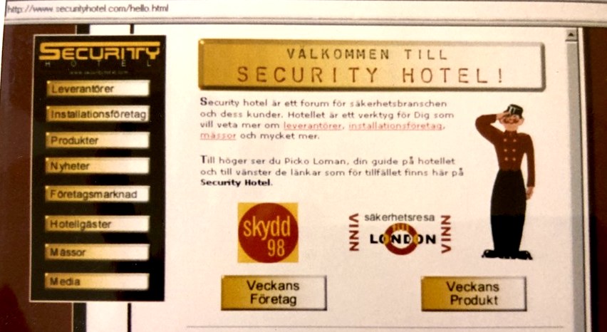 Så här såg öppningssidan ut när Securityhotel.com lanserades i samband med säkerhetsmässan Skydd 98 i Stockholm.
