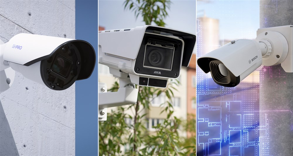 De nominerade lösningarna: i-PRO High Zoom Bullet Camera från i-PRO, Axis Q1728-LE Block Camera från Axis Communications, och Bosch Dinion thermal 8100i från Keenfinity.