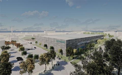 Bird's-eye view visualisation of the future smart factory in Amberg.